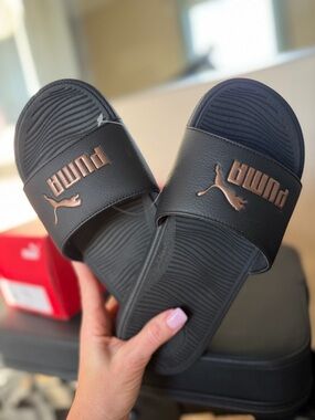 Puma Black Slides with Rose Gold Logo